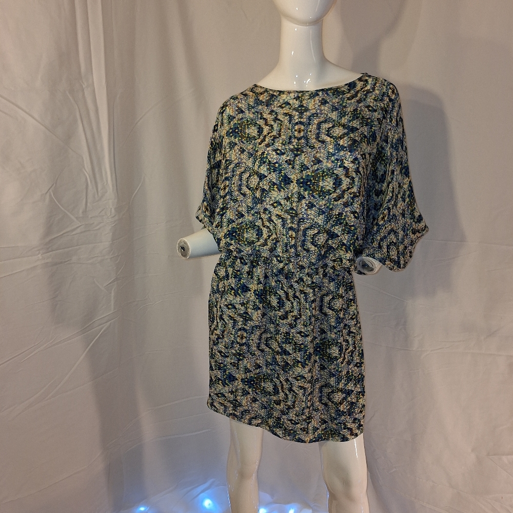 PARKER 100% Silk Geometric Design Blouse /Dress Size Small Dolman Sleeves Boho